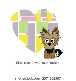 Valentine's Day. With love from Yorkie. Cheerful cartoon image of a small dog of the Yorkshire Terrier breed. Stylized puppy logo. Cute animal emotions.