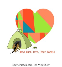 Valentine's Day. With love from Yorkie. Cheerful cartoon image of a small dog of the Yorkshire Terrier breed. Stylized puppy logo. Cute animal emotions.