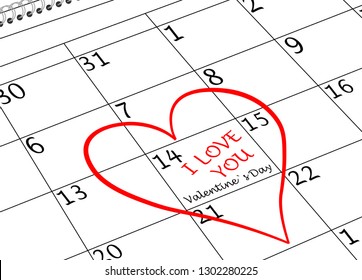 Valentine`s Day I love You Calendar Page with Heart and writing