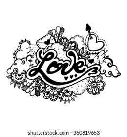Valentine's Day. I Love You hand lettering and doodles elements Vector illustration. 