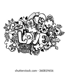Valentine's Day. I Love You hand lettering and doodles elements Vector illustration. 