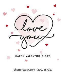 Valentines Day I love you handwritten typography calligraphy inside line design heart with many pink and red hearts in background and with happy Valentine's day text greeting card