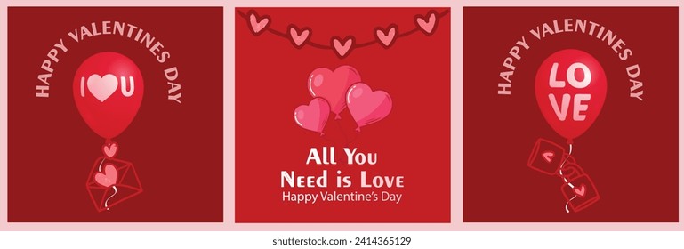 Valentine's Day, I love you red background. Romantic I love you balloons with hearts. Vector illustration for website, posters, ads, coupons, and promotional material. Banner, social media Post