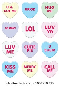 Valentines day lovely candies, colorful conversation hearts set.