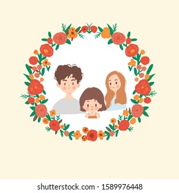 Valentine's day lovely  family portrait  background with floral wreath. Vector illustration