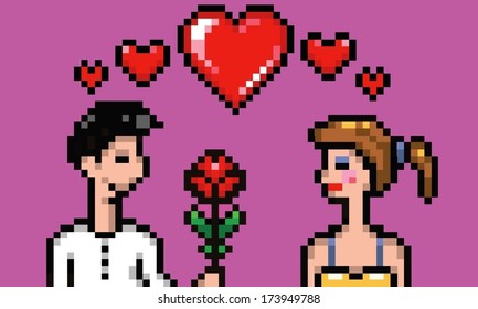 Valentines day lovers boy, girl and flower - pixel art vector illustration