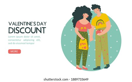 Valentines day lovers card on Valentine's Day, discount, flat vector landing page template.