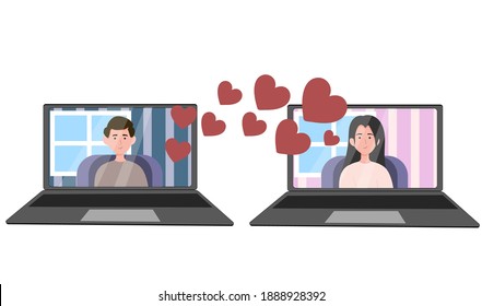 Valentine's Day. Lovers celebrating online. Video call from laptop. Self-isolation holiday. Vector illustration isolated on white background.