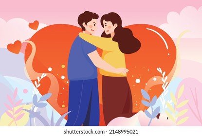 Valentine's day lovers hug each other with hearts on the background, vector illustration