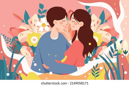 Valentine's day lovers kiss with bouquet and plants in background, vector illustration