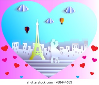 Valentine's Day with a Loving Couple in Paris. Vector paper art style.