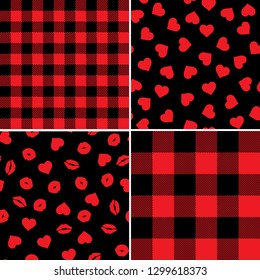 Valentine's Day Lumberjack Seamless Vector Pattern Tiles in Red and Black Buffalo Check Plaid and Hearts, Lips and Kisses, Lipstick Marks. Modern Romantic Backgrounds. Pattern Tile Swatches Included.