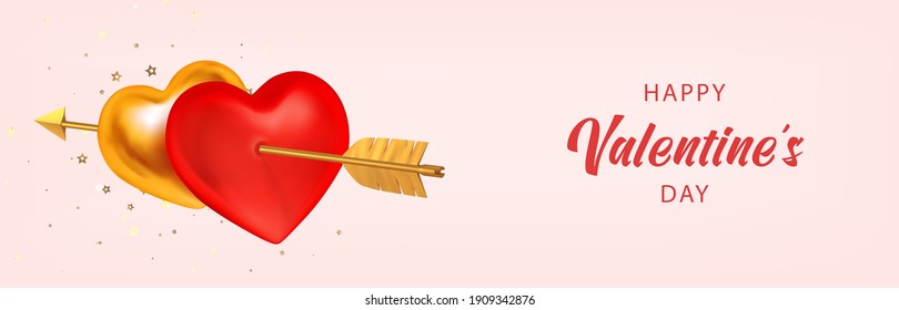 Valentines day luxury banner, poster, invitation. Couple red and golden hearts pierced by Cupid's golden arrow isolated. 3d realistic vector illustration.