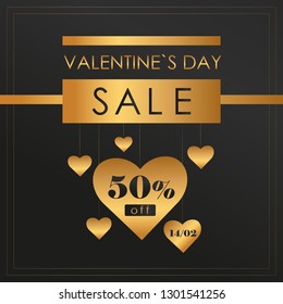 Valentine's Day luxury banner sale with lettering on black background with golden hearts.