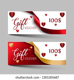 Valentines day luxury gift vouchers set. Red and golden color two design, on gray background. For a festive season Vector illustration EPS10.