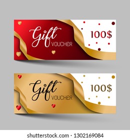 Valentines day luxury gift vouchers set. Red and golden color two design, on gray background. For a festive season Vector illustration EPS10. 