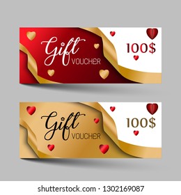 Valentines day luxury gift vouchers set. Red and golden color two design, on gray background. For a festive season Vector illustration EPS10. 