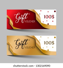 Valentines day luxury gift vouchers set. Red and golden color two design, on gray background. For a festive season Vector illustration EPS10. 