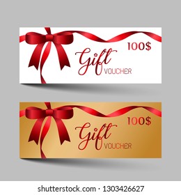 Valentines day luxury gift vouchers set. Red and golden color two design, on gray background. For a festive season Vector illustration EPS10. 