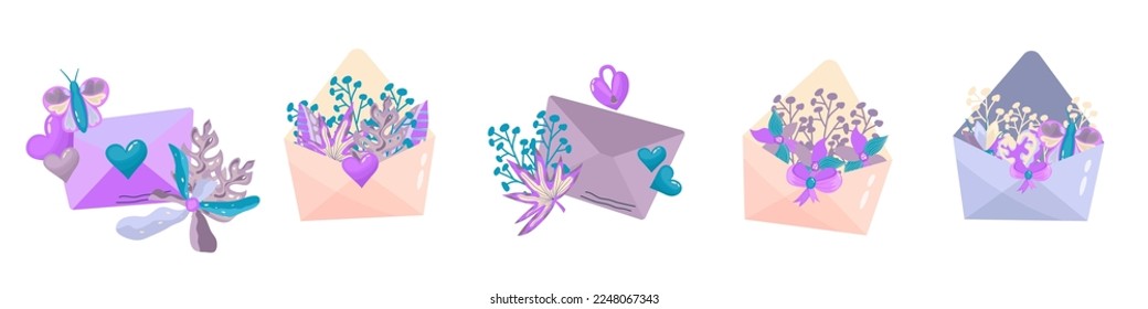 Valentines Day mail with heart and daisy isolated. Cartoon vector illustration. Valentine envelope. February love day greeting card hearts envelope. White background.