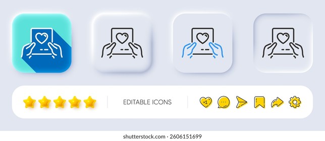 Valentines day mail line icon. Neumorphic, Flat shadow, 3d buttons. Love letter symbol. Heart sign. Line love mail icon. Social media icons. Vector