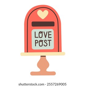 Valentine's Day mailbox in flat style, featuring vibrant red and pastel tones, with a heart symbol and Love Post text. Perfect for romantic themed designs and decorations.