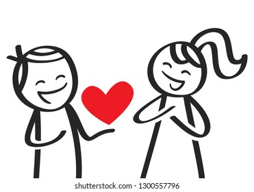 Valentine's Day, male stick figure giving heart to girlfriend