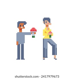 Valentines Day. Man character give bouquet flowers to woman. Pixel 80s art style. Greeting card design, vector illustration for birthday, Women's day. Logo for shop, website. Mother's Day.