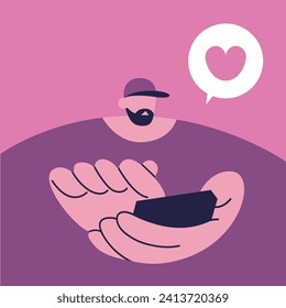 Valentine's Day. Man sending love messages by phone. Abstract concept of finding love. Flat vector illustration.