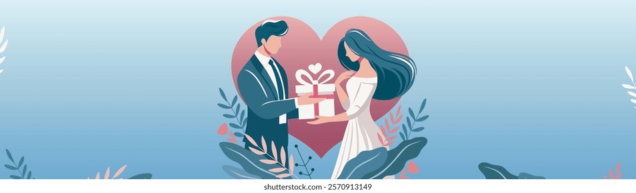 Valentine's Day. Man in suit gives a gift to woman in white dress on background of heart. Romantic vector illustration in pastel colors. Ideal for wedding invitations, poster, web banner, e-card