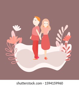 Valentine's Day. a man and a woman stand with their backs to each other,illustration in vintage stile colors. Isolated vector illustration in monochrome red palette, color background in flat style.