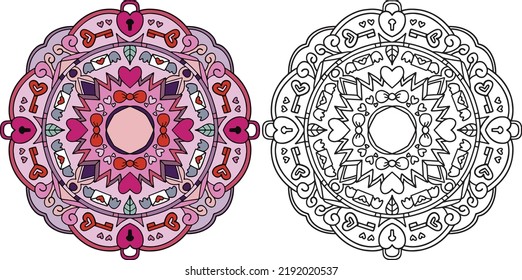 Valentine's day mandala. Hand-drawn lines. Doodles art for greeting cards, invitations, or posters. Coloring book for adults and kids.