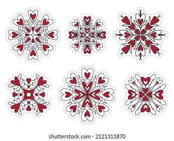 Valentine's Day mandala stickers. Set of hand drawn mandala stickers with hearts.