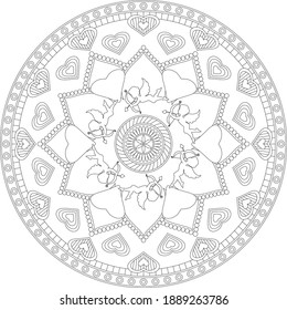 A Valentine's Day mandala style adult coloring page suitable for use in a print paperback activity book.