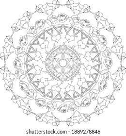 A Valentine's Day mandala style adult coloring page suitable for use in a print paperback activity book.