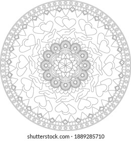 A Valentine's Day mandala style adult coloring page suitable for use in a print paperback activity book.