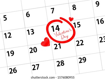 Valentines Day marked by red marker line on a calendar. 14 February on a calendar