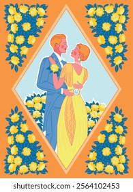 Valentine's Day or Marriage Greeting Card in hand drawn retro style. Includes Couple in love with flowers on a painting with a frame with vignettes and patterns. Cute characters for romantic holiday.