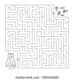 Valentine's day maze game for kids. Help the cat find right way to sweets. Doodle coloring page. Labyrinth worksheet. Cute cartoon character.
