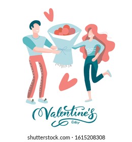 Valentine's Day. Meeting young people in love. A young man gives roses to his girlfriend. Vector flat illustration isolated on white background with hand lettering.