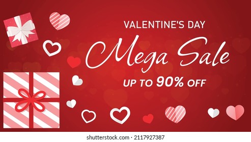 Valentine's day Mega sale banner, Valentine's day offer Template with Discount Tag, Vector illustration design.
