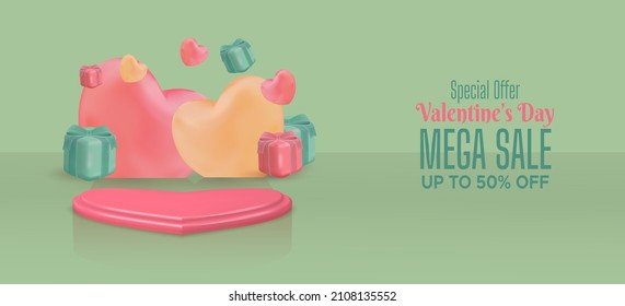 Valentine's day mega sale discount banner with podium and 3d heart shaped on green background