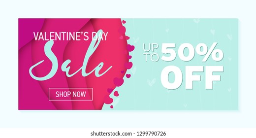 Valentine's Day mega sale horizontal banner. Super discount template. Abstract wavy shapes background