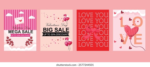 Valentines day mega sale social media post template design. Brand business promotion banner, poster  flyer for digital marketing  set in flat red and pink paper hearts background. Cute simple and love