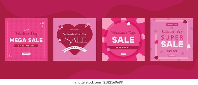 Valentine's day mega sale social media post template design. Brand business promotion banner, poster and flyer for digital marketing.Web banner with  heart icon and valentine background. Vector design