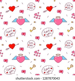 Valentine's Day, memphis pattern with hearts. Vector typography.