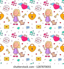 Valentine's Day, memphis pattern with hearts. Vector typography.