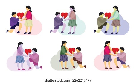 Valentines Day. Men Make Proposals for Women by offering hearts and kneeling and loving.  Bundle Cartoon Flat Vector Illustration