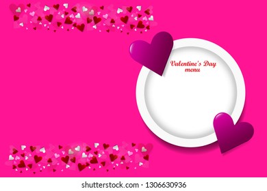 Valentines Day menu concept vector showing two pink hearts on the empty plate ready for your text. Many small hearts are in the left side of the vector. All is ready for your text.