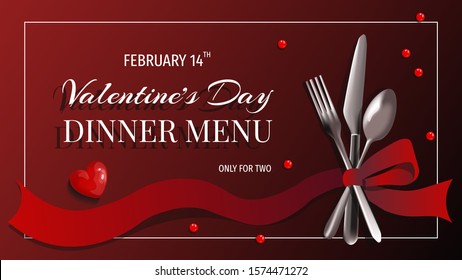 Valentine's Day Menu Design With Fork, Spoon, Knife And Ribbon On The Red Background. Romance, 14 February, Dinner, Eating Concept.  Vector Illustration For Banner, Poster, Menu, Flyer, Advertising.